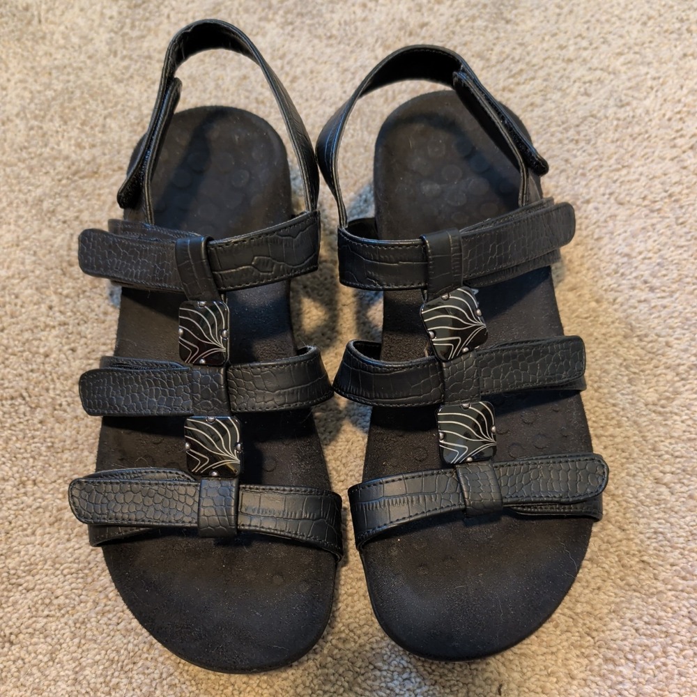 Vionic Amber Straps Black Croc Leather Orthotic Sandals Womens 8.5